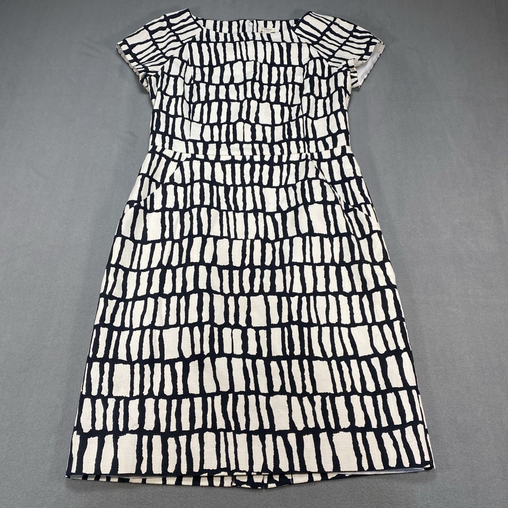 J Crew Basketweave Dress Boatneck Cream Black Geometric Pattern‎ Raglan Sleeve 8